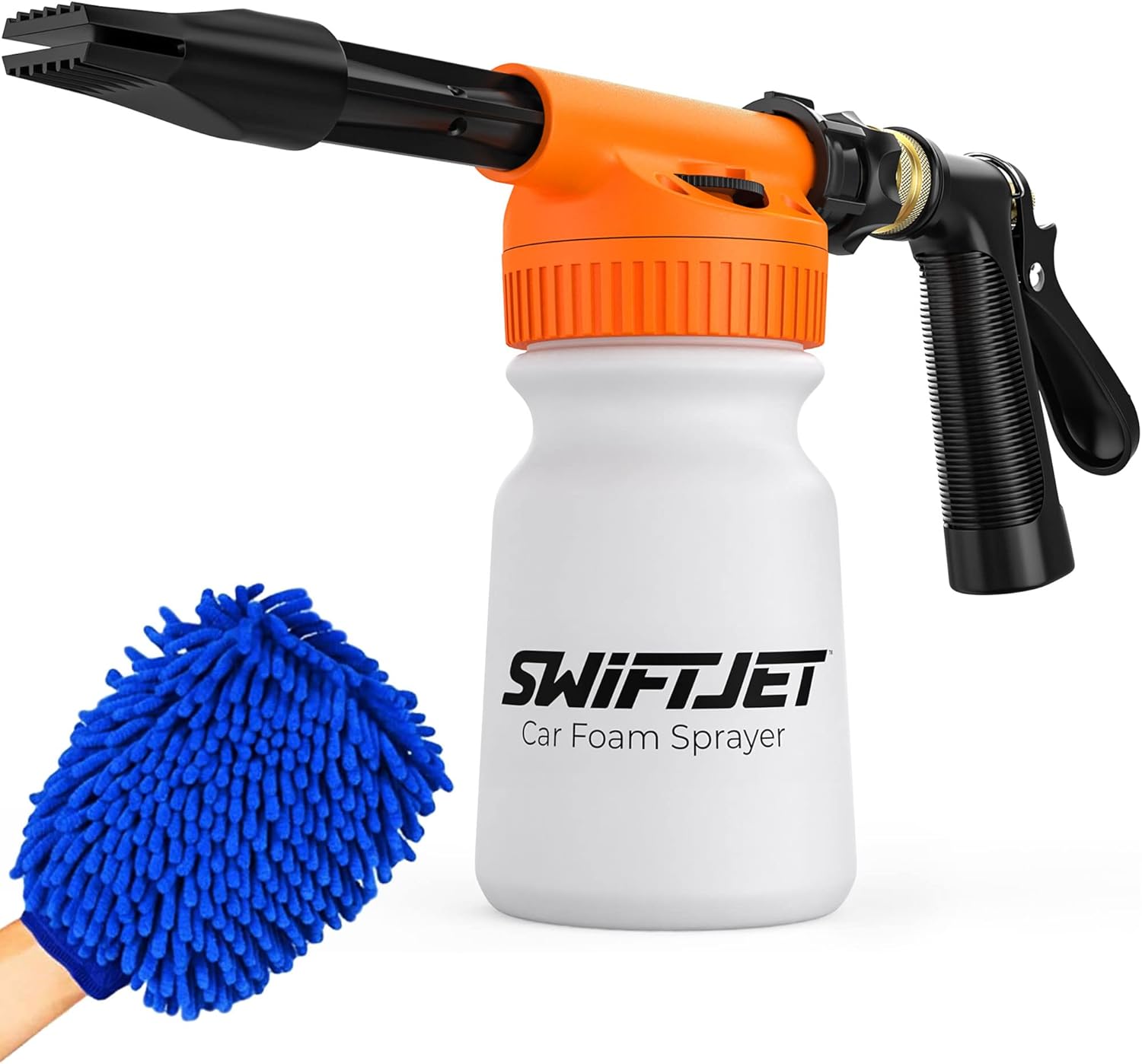 SwiftJet Car Wash Foam Gun + Microfiber Wash Mitt – Foam Cannon Works with Any Soap – Garden Hose Car Foam Sprayer – Car Wash Kit – Car Accessories Foam Blaster (Orange Foam Gun with Mitt)