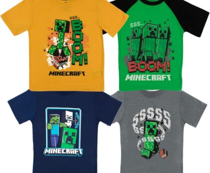 Minecraft Boy’s Short Sleeve T-Shirt 4-Packs – Creeper, Ender Dragon, Skeleton, Zombie Graphic Tee Sets for Kids