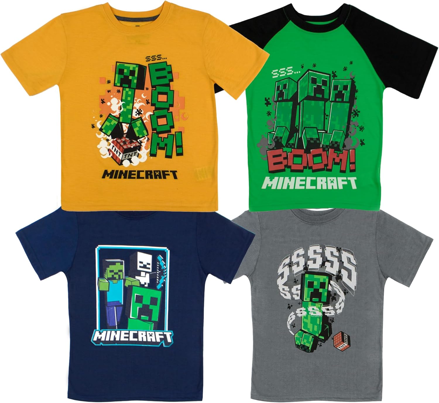 Minecraft Boy’s Short Sleeve T-Shirt 4-Packs – Creeper, Ender Dragon, Skeleton, Zombie Graphic Tee Sets for Kids