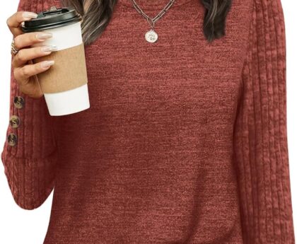 WIHOLL Womens Tops Long Sleeve Shirts with Button Cuffs Lightweight Sweaters Loose Fit Fall Fashion Clothes