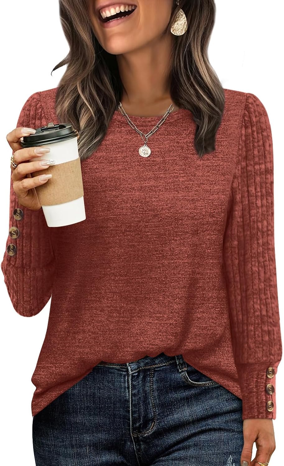 WIHOLL Womens Tops Long Sleeve Shirts with Button Cuffs Lightweight Sweaters Loose Fit Fall Fashion Clothes