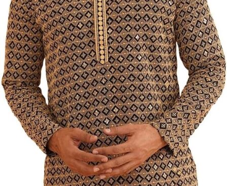 Sojanya (Since 1958 Men’S Cotton Contrast Embroidered Sequinned Long Kurta