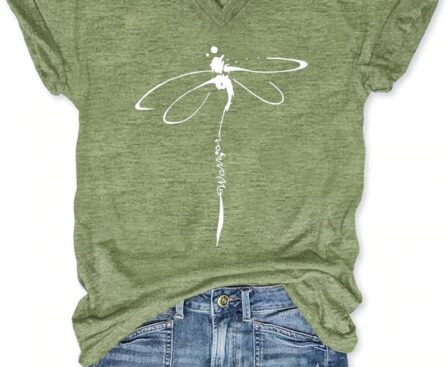 Women’s T-Shirts V-Neck Dragonfly Tee Cute Summer Graphic Shirts Vintage Boho Flowers Short Sleeve T Shirt