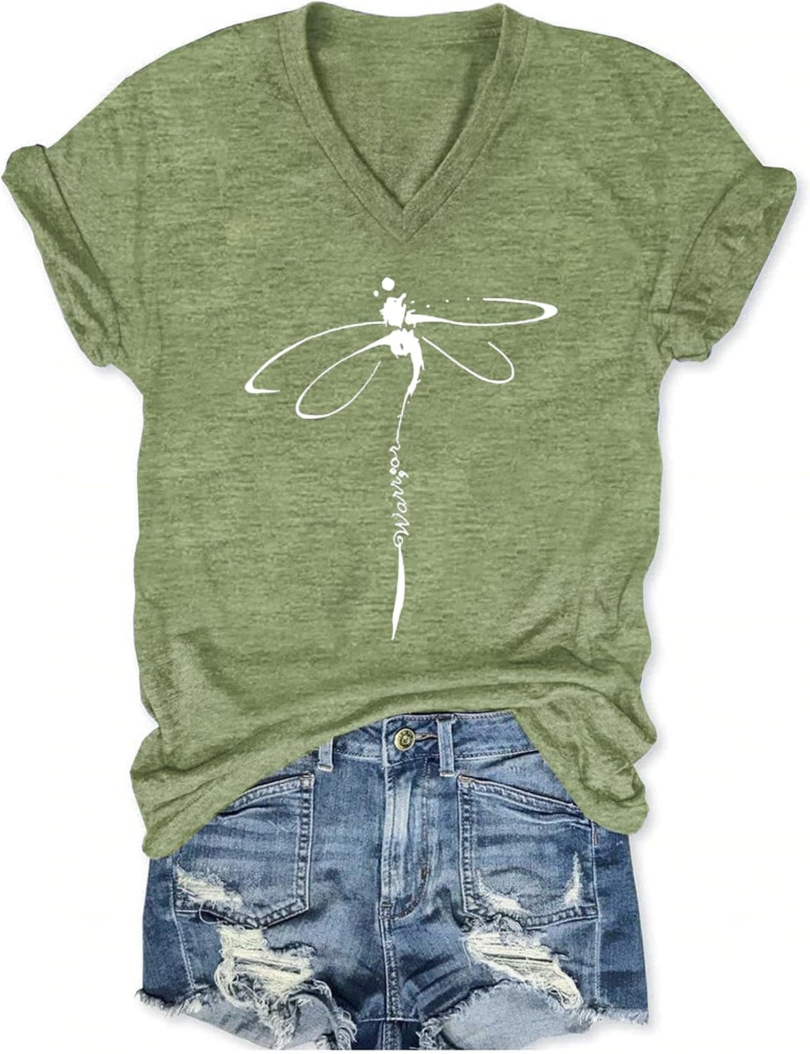 Women’s T-Shirts V-Neck Dragonfly Tee Cute Summer Graphic Shirts Vintage Boho Flowers Short Sleeve T Shirt