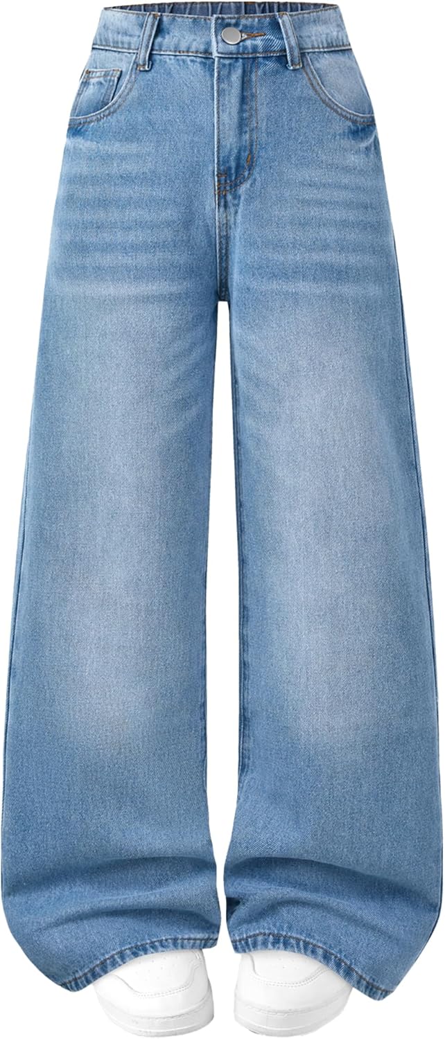 Girls Baggy Jeans Wide Straight Leg High Elastic Waisted Denim Pants Fashion Y2k Boyfriend Skater Streetwear