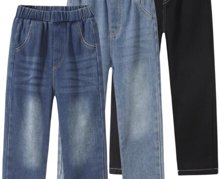 Boys Jeans 3 Pack Elastic Waist Kids Classic Jean Wide Straight Leg Stretch Denim Pants Size 3-12Years