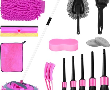 Pink 62″ Car Wash Brush with Long Handle,Chenille Microfiber Car Wash Mop Sponge Mitt ,Windshield Window Squeegee,Wheel Brush,Car Detailing Brushes,Car Duster,Towel,Car Cleaning Kit for Cars RV Truck