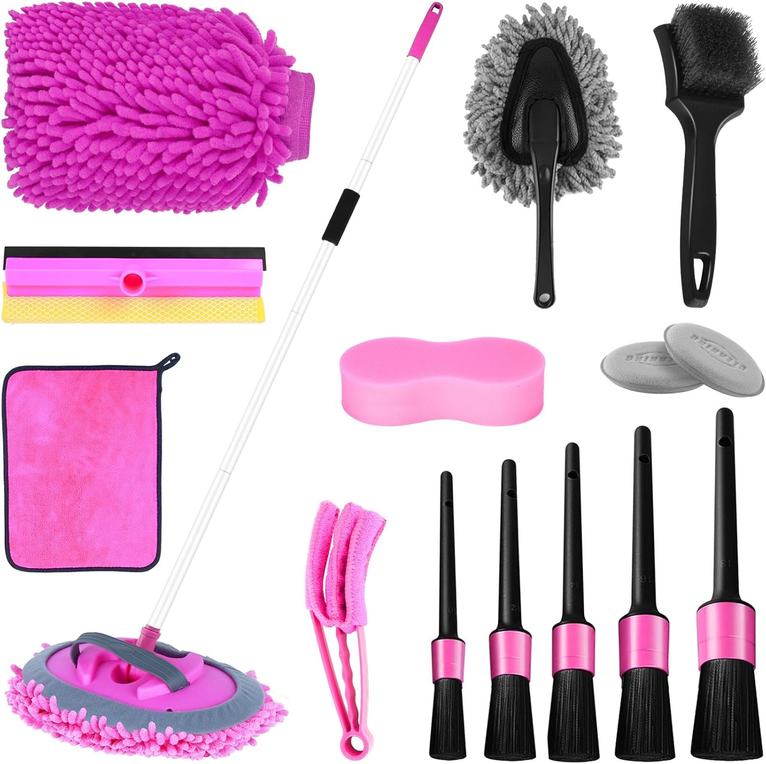 Pink 62″ Car Wash Brush with Long Handle,Chenille Microfiber Car Wash Mop Sponge Mitt ,Windshield Window Squeegee,Wheel Brush,Car Detailing Brushes,Car Duster,Towel,Car Cleaning Kit for Cars RV Truck