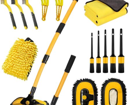 Car Wash Brush with Long Handle, 55 inch Car Wash Mop Car Wash Kit Mitt Retractable Bent Pole Car Wash Brush for Cars RV Truck Boat