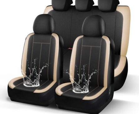 Waterproof Car seat Covers Full Set, Premium Neoprene Lining Seat Covers, Airbag Compatibable,Universal Automotive Comfort Protection for Most Cars,Trucks,SUVs(Black Beige 816)