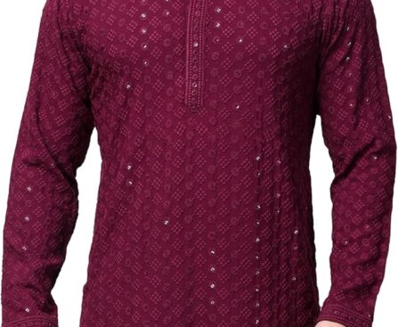 Aakrati Men’s Silk Blend Sequence Mirror Work Kurta Indian Mens Designer Kurta
