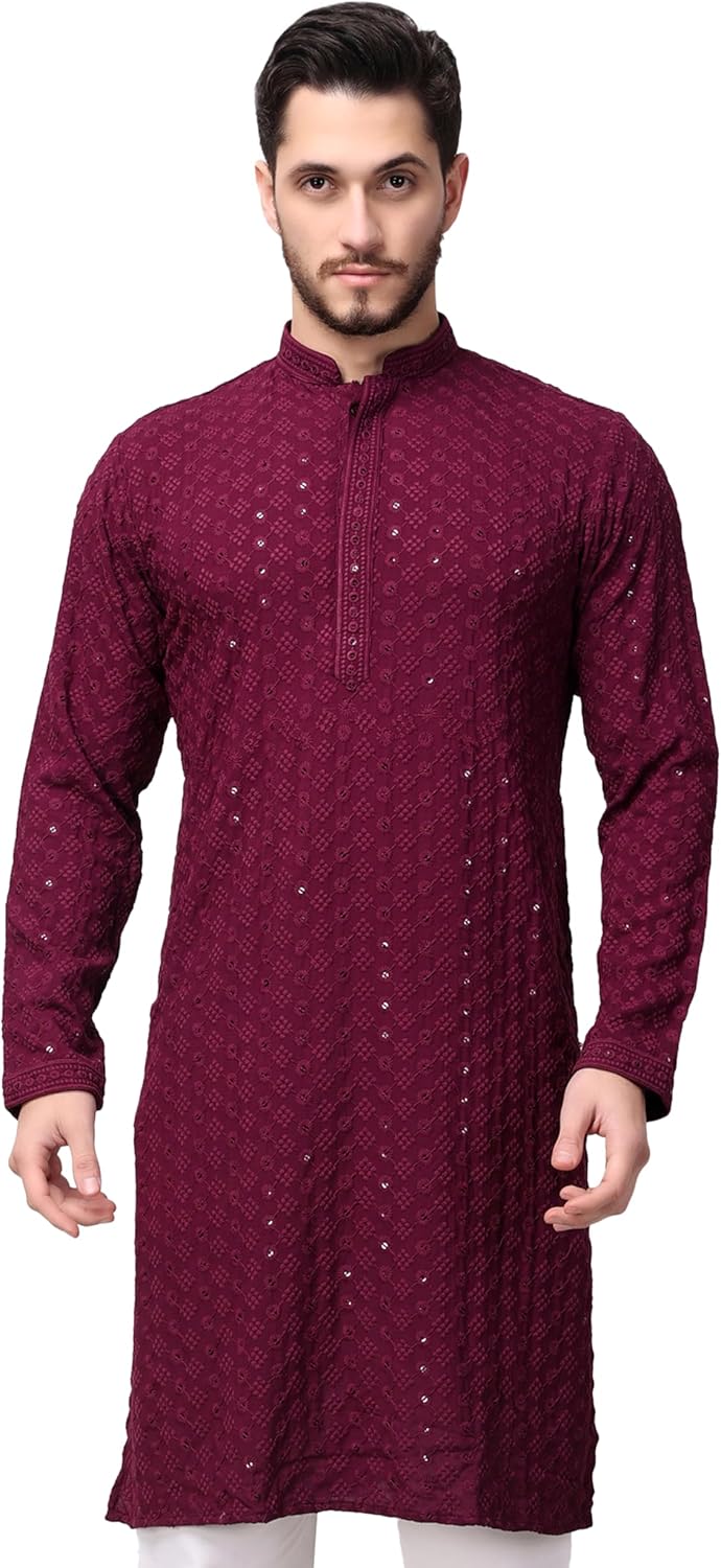 Aakrati Men’s Silk Blend Sequence Mirror Work Kurta Indian Mens Designer Kurta