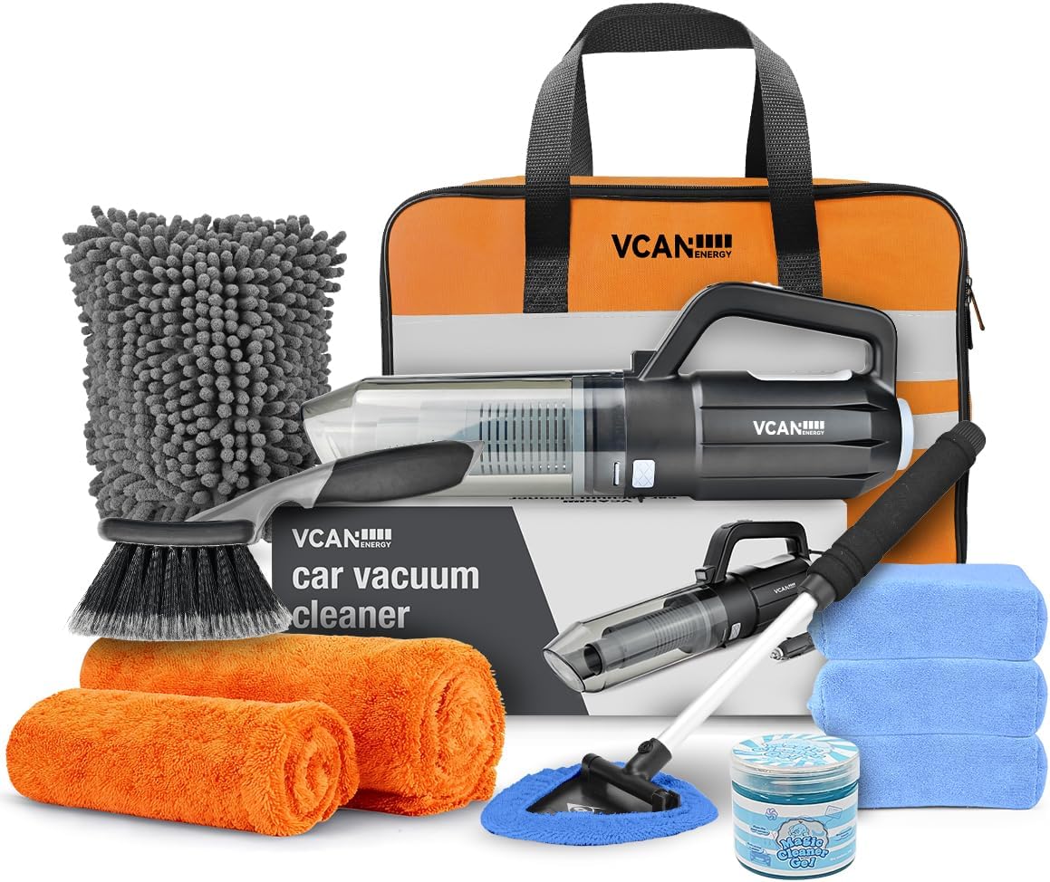 Car Cleaning kit, Car Interior Detailing kit with 10000pa Car Vacuum Cleaner, Wheel Brush, Windshield Cleaner Tool, Microfiber Towel, Wash Mitt, Interior and Exterior Car Wash kit with Bag