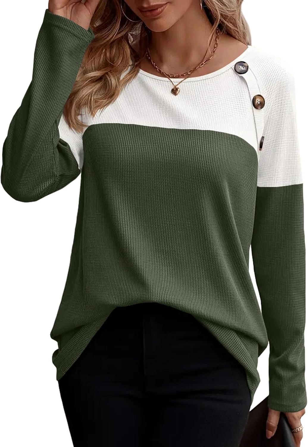 Zeagoo Women Waffle Knit Shirts Long Sleeve Colorblock Tee Button Detail Tunics