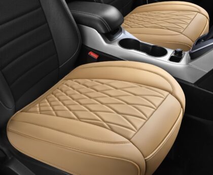 CAR PASS 2 Pack Leather Front Car Seat Covers, Bottom Seat Covers Full Wrapped with Storage Pocket, Anti-Slip Leather Seat Protectors,Waterproof Seat Cushion Universal Fit Sedan SUV Truck, Light Beige