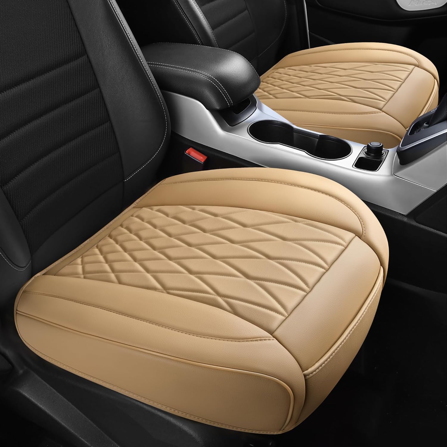 CAR PASS 2 Pack Leather Front Car Seat Covers, Bottom Seat Covers Full Wrapped with Storage Pocket, Anti-Slip Leather Seat Protectors,Waterproof Seat Cushion Universal Fit Sedan SUV Truck, Light Beige