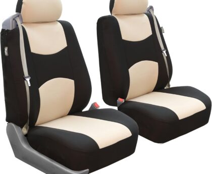 FH Group Car Seat Covers All-Purpose Built-in Seatbelt Front Set – Universal Fit for Cars, Trucks & SUVs (Beige/Black) FB351102