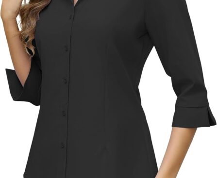 HOTOUCH Women Button Down Shirts 3/4 Sleeve Basic Business Dress Shirt Slim Fitted Classic V Neck Button Up Work Blouse Tops