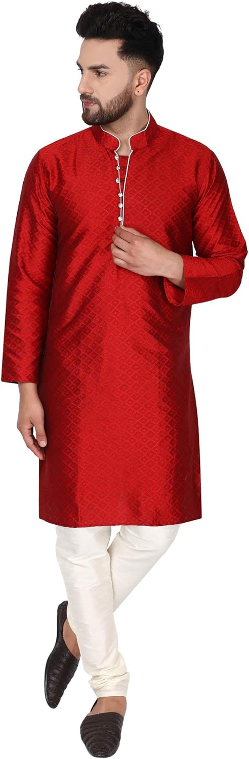SKAVIJ Men’s Art Silk Indian Kurta Pajama Festive Season Dress Suit