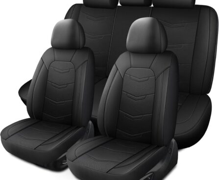 Car Seat Covers Full Set,Leather Car Seat Covers,Breathable and Sporty Car Seat Cover,Universal Fit Anti-Slip Seat Covers for SUV Cars Sedan and Truck(Full Seat,Black,N2)