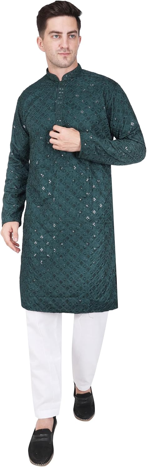 TRILOKI Mens Embroidered Sequined Kurta Pajama Set Rayon Ethnic Indian Traditional Wear