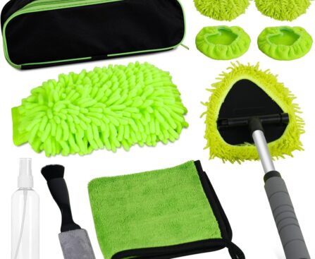 8PCS Windshield Cleaner Tool, Car Windshield Cleaner Tool with Extendable Handle 180° Rotation,Car Window Cleaner with 4 Reusable Microfiber Pads+100ml Spray Bottle+1 Detailing Brush