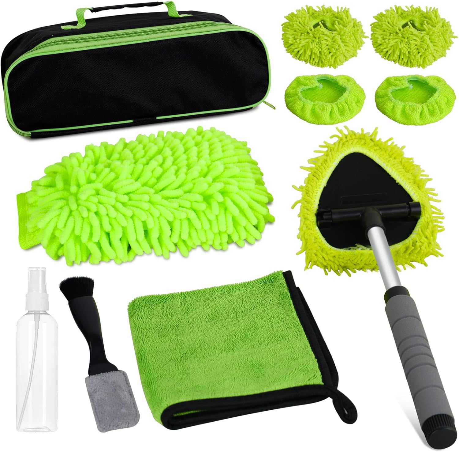 8PCS Windshield Cleaner Tool, Car Windshield Cleaner Tool with Extendable Handle 180° Rotation,Car Window Cleaner with 4 Reusable Microfiber Pads+100ml Spray Bottle+1 Detailing Brush