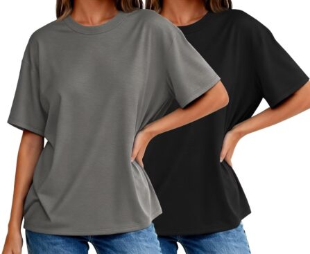 2PCS Women Short Sleeve T Shirts Crew Neck Solid Soft Basic Tee Casual Loose Fit Lightweight Summer Tops Clothes 2026