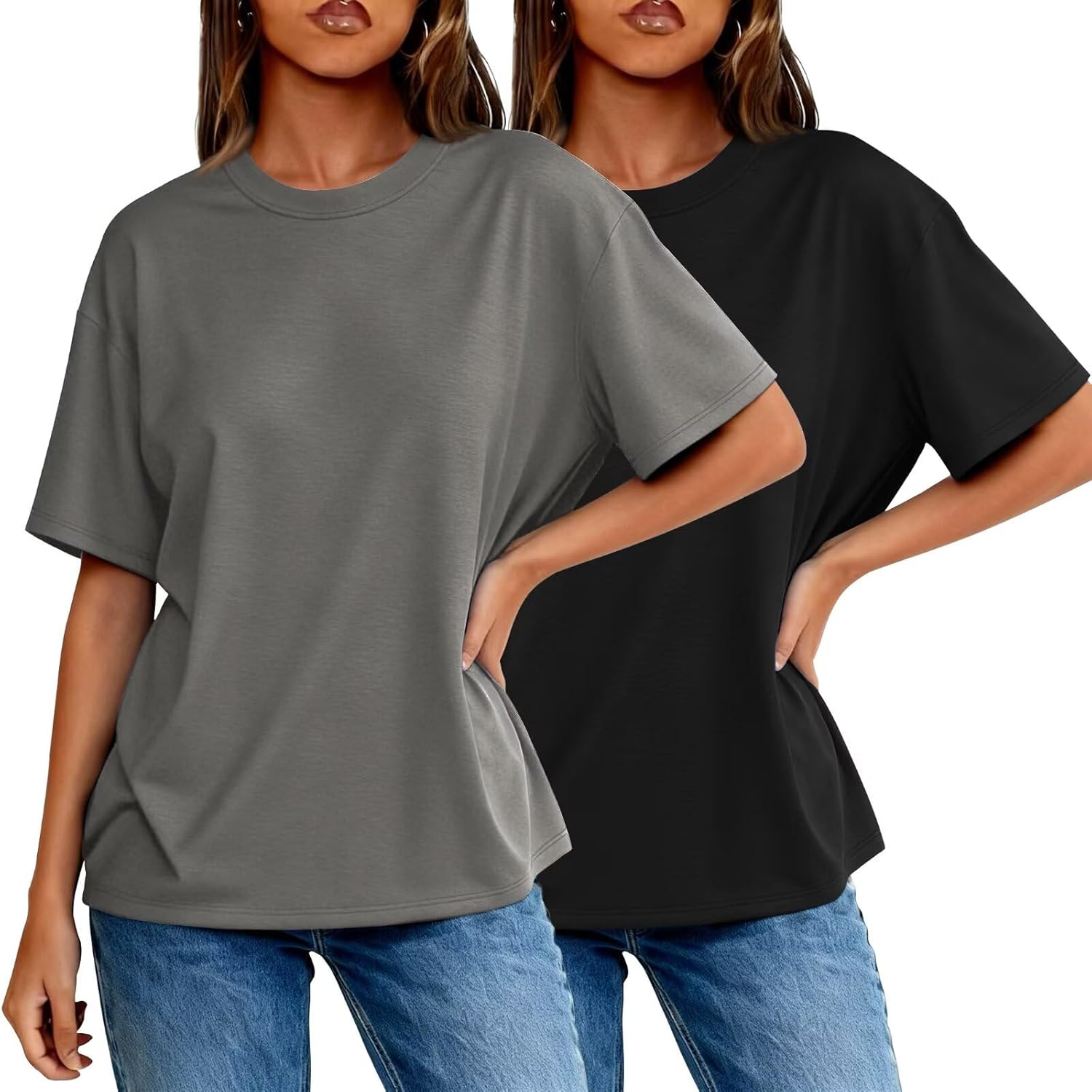 2PCS Women Short Sleeve T Shirts Crew Neck Solid Soft Basic Tee Casual Loose Fit Lightweight Summer Tops Clothes 2026