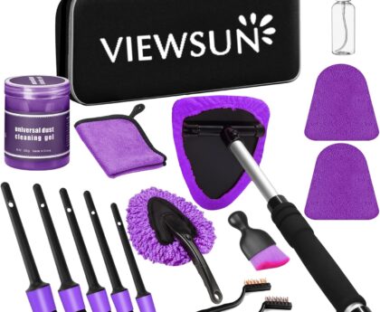 Viewsun Windshield Cleaner Tool, 17Pcs Purple Car Interior Cleaning Kit, Detailing Kit Cleaner, Detailing Brush, Cleaning Gel, Inside Cleaning Supplies Accessories for Trucks, SUVs, RVs Window