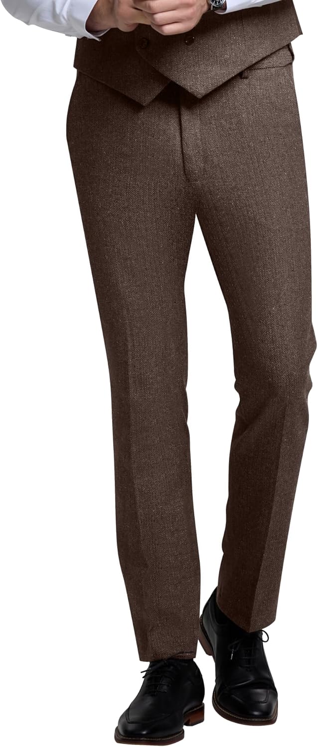 Men’s Tweed Herringbone Pant Dress Pants for Men Hidden Expandable Waist Suit Trousers Slacks