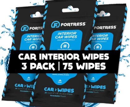 Fortress Car Interior Wipes (25 ct, Pack of 3) for Car Interior Cleaning, Dashboard, Seats, Detailing, and Steering Wheel [Travel Size] Skin-Safe Car Interior Cleaner Supplies