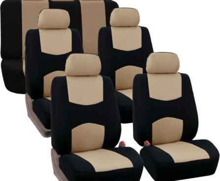 FH Group Flat Cloth Full Set Car Seat Covers Three Row 7 Seater – Universal Fit for Cars, Trucks & SUVs Beige
