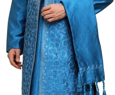 Men’s 4-Piece Art Silk Kurta Pajama Set with Embroidered Jacket & Dupatta – Wedding & Festive Wear