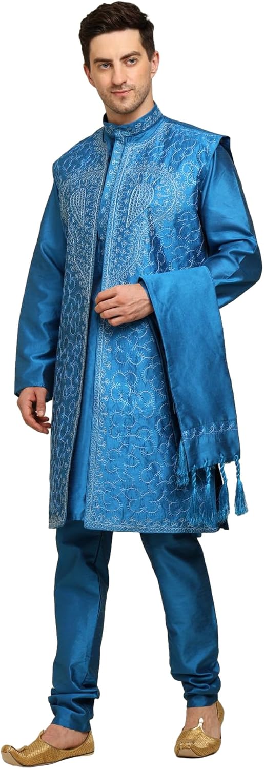 Men’s 4-Piece Art Silk Kurta Pajama Set with Embroidered Jacket & Dupatta – Wedding & Festive Wear
