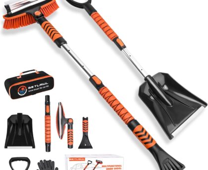 Car Snow Brush Snow Shovel Kit, 42” Extendable Ice Scrapers and Snow Brushes for Car Windshield with Foam Grip 180° Pivoting Brush Head Snow Scraper, 39” Extendable Emergency Snow Shovel for Car