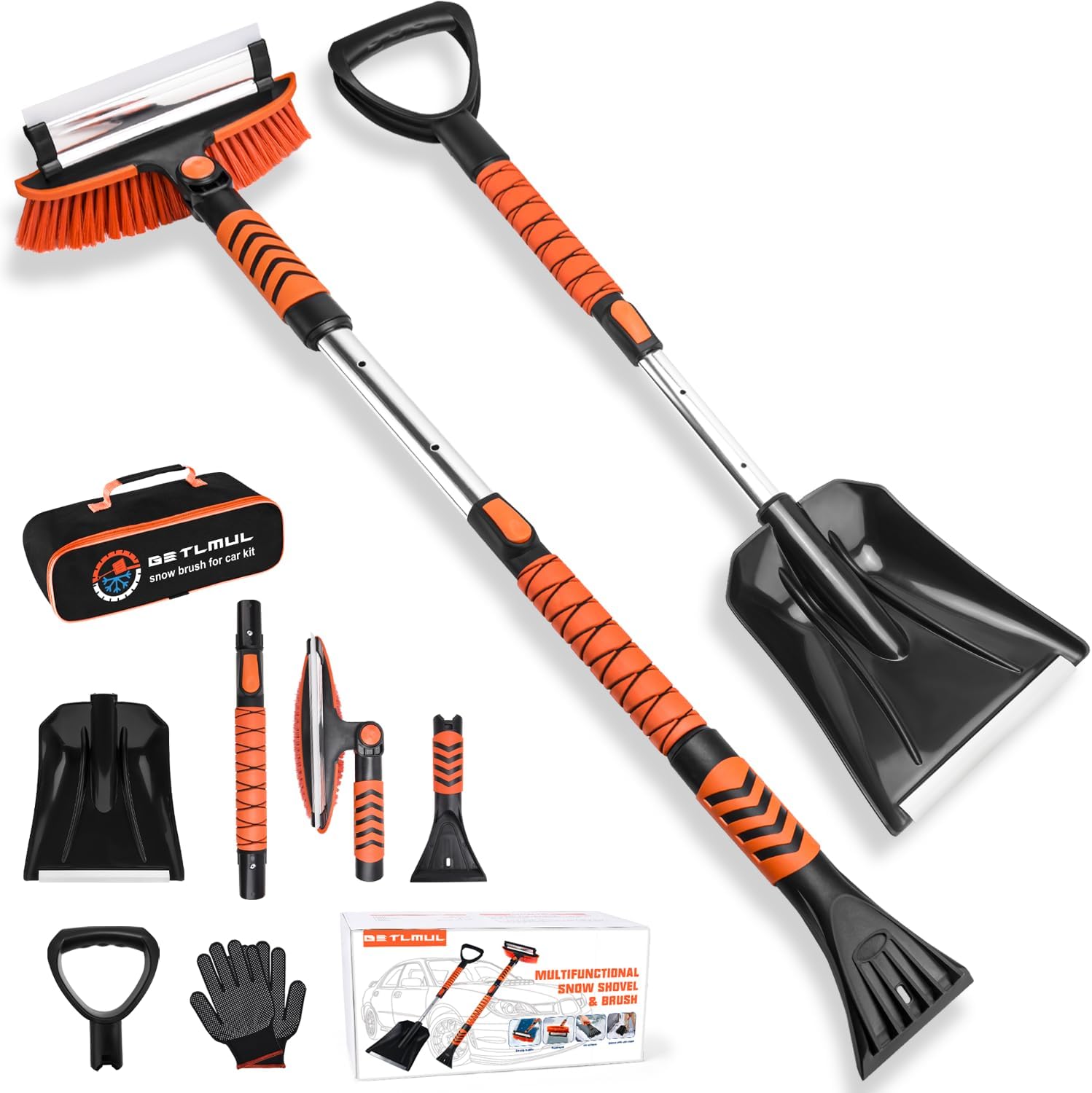 Car Snow Brush Snow Shovel Kit, 42” Extendable Ice Scrapers and Snow Brushes for Car Windshield with Foam Grip 180° Pivoting Brush Head Snow Scraper, 39” Extendable Emergency Snow Shovel for Car