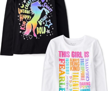 The Children’s Place Girls’ Unicorns,Sports,Butterflies Long Sleeve Graphic T-Shirts,2 Pack