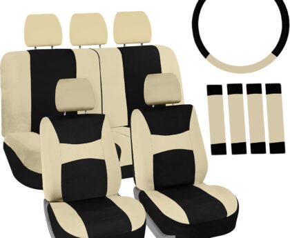 Automotive Seat Covers Beige Black Universal Fit Seat Cover Combo Set with Steering Wheel Cover and Seat Belt Pad (Airbag Compatible and Split Bench)