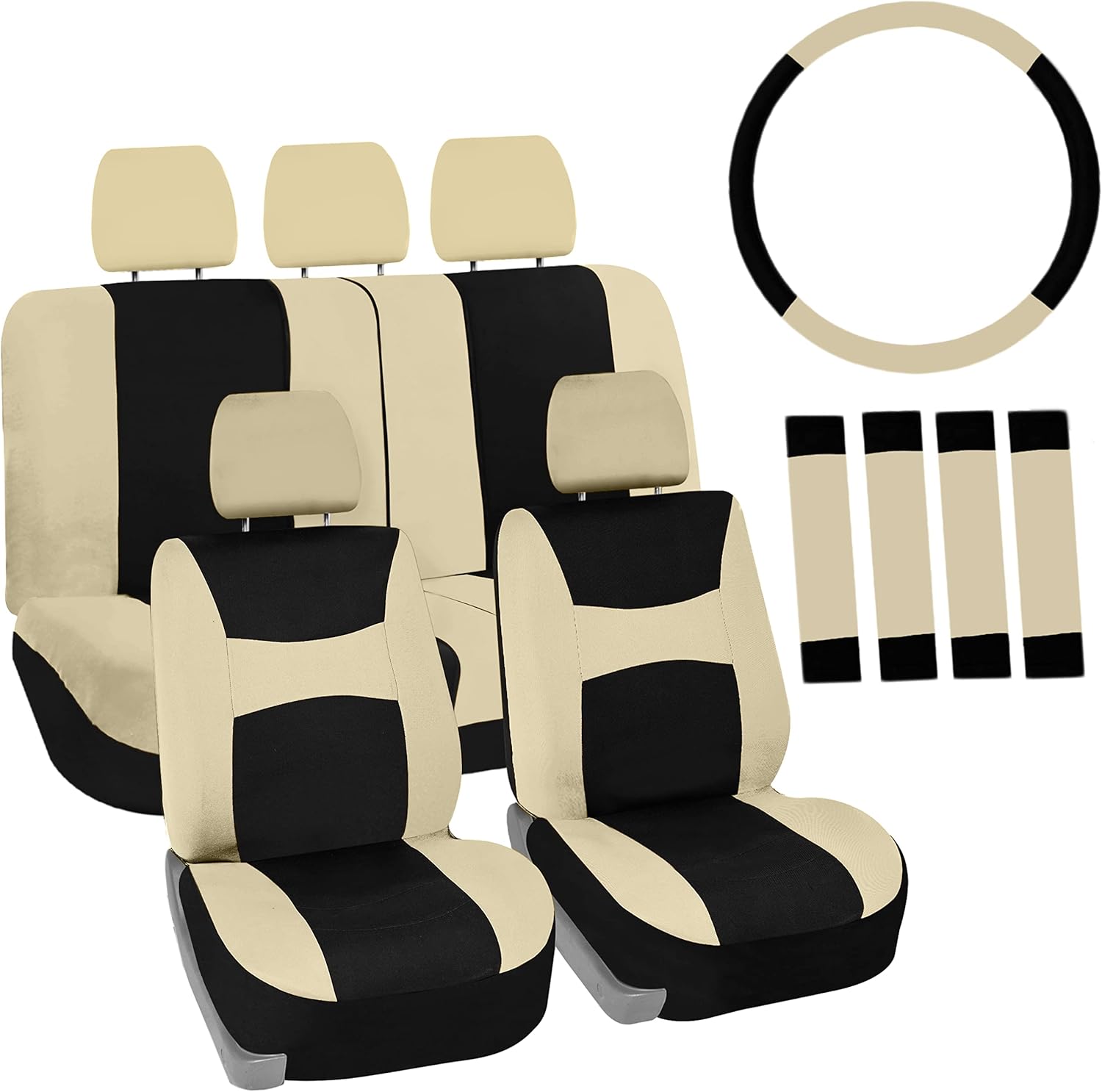 Automotive Seat Covers Beige Black Universal Fit Seat Cover Combo Set with Steering Wheel Cover and Seat Belt Pad (Airbag Compatible and Split Bench)