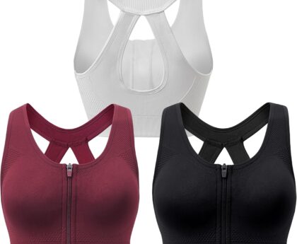 Racerback Padded Sports Bra for Women – Medium Support Zipper Front Workout Bra