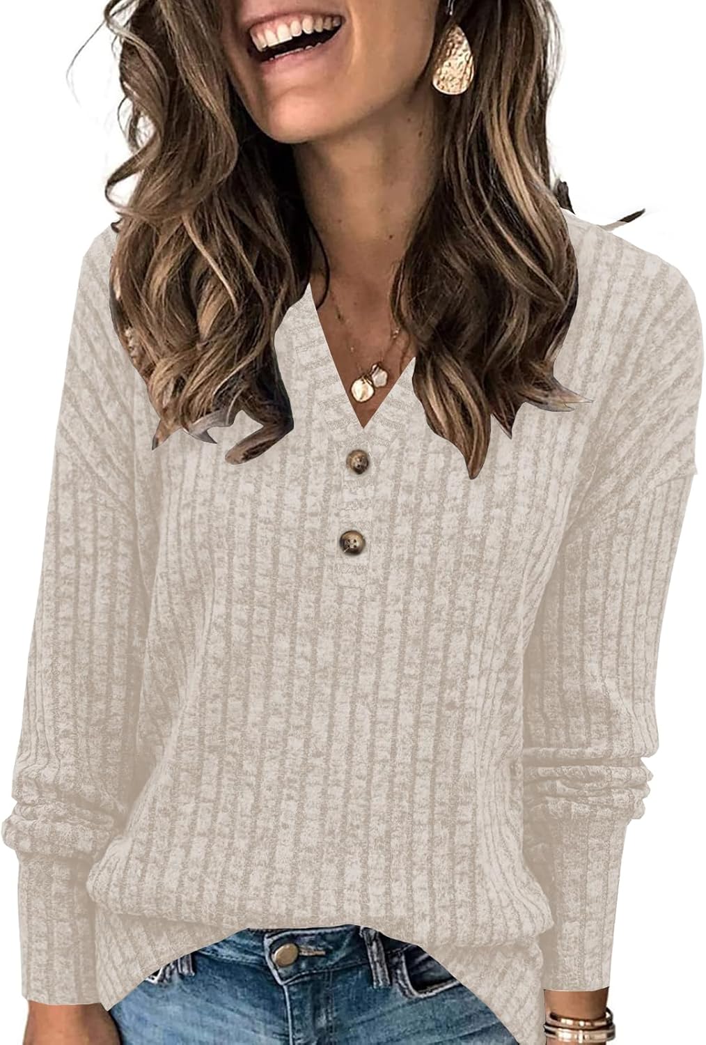 Womens Lightweight Sweaters Button Down Fall Long Sleeve Pullover Shirts Business Casual Tunic Tops