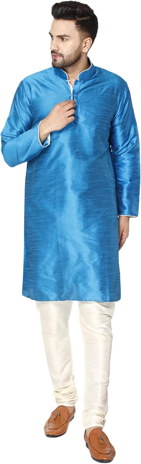 SKAVIJ Mens Indian Kurta Pajama Set Art Silk Evening Attire Casual Trendy Regular Fit Outfit