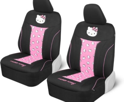 Hello Kitty Car Seat Covers – Cute and Durable Pink Front Seat Covers, Adorable Hello Kitty Design, Comfortable and Long-Lasting Polyester, Car Accessories Gift Hello Kitty Accessories 2pc Black/Pink
