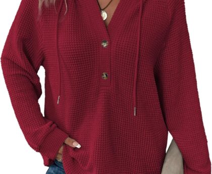 Dokotoo Hoodies for Women Waffle Knit Long Sleeve Drawstring Button V Neck Casual Pullover Sweatshirt Hooded Tops