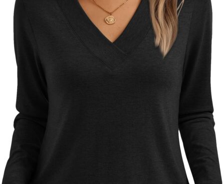 AUTOMET Long Sleeve Shirts for Women Tops V Neck Casual Top Comfortable Shirt Soft Basic Tees Women Blouses