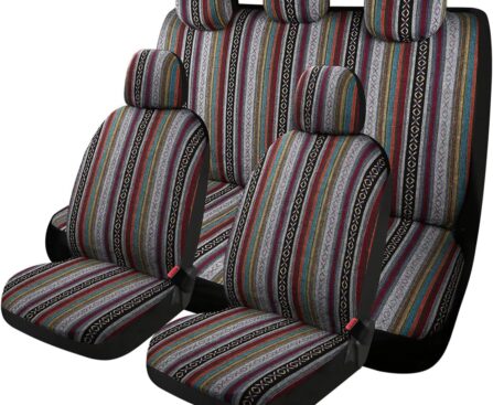 PONYJOYUP Baja Saddle Blanket Car Seat Covers 9PCS Full Set, Breathable and Washable Striped Woven Automotive Vehicle Seat Cover, Universal Seat Cover for Sedan, SUV, Truck, Airbag Compatible