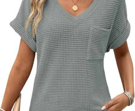Dokotoo Womens Waffle Knit Tops 2025 Fall Summer V Neck Shirts Casual Trendy Women’s Blouses Basic Tee