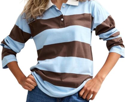 SAFRISIOR Womens Striped Polo Long Sleeve Rugby Shirts V Neck T Shirts Color Block Casual Tee Tops