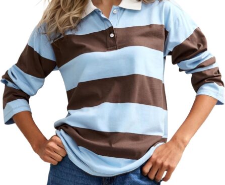 SAFRISIOR Womens Striped Polo Long Sleeve Rugby Shirts V Neck T Shirts Color Block Casual Tee Tops